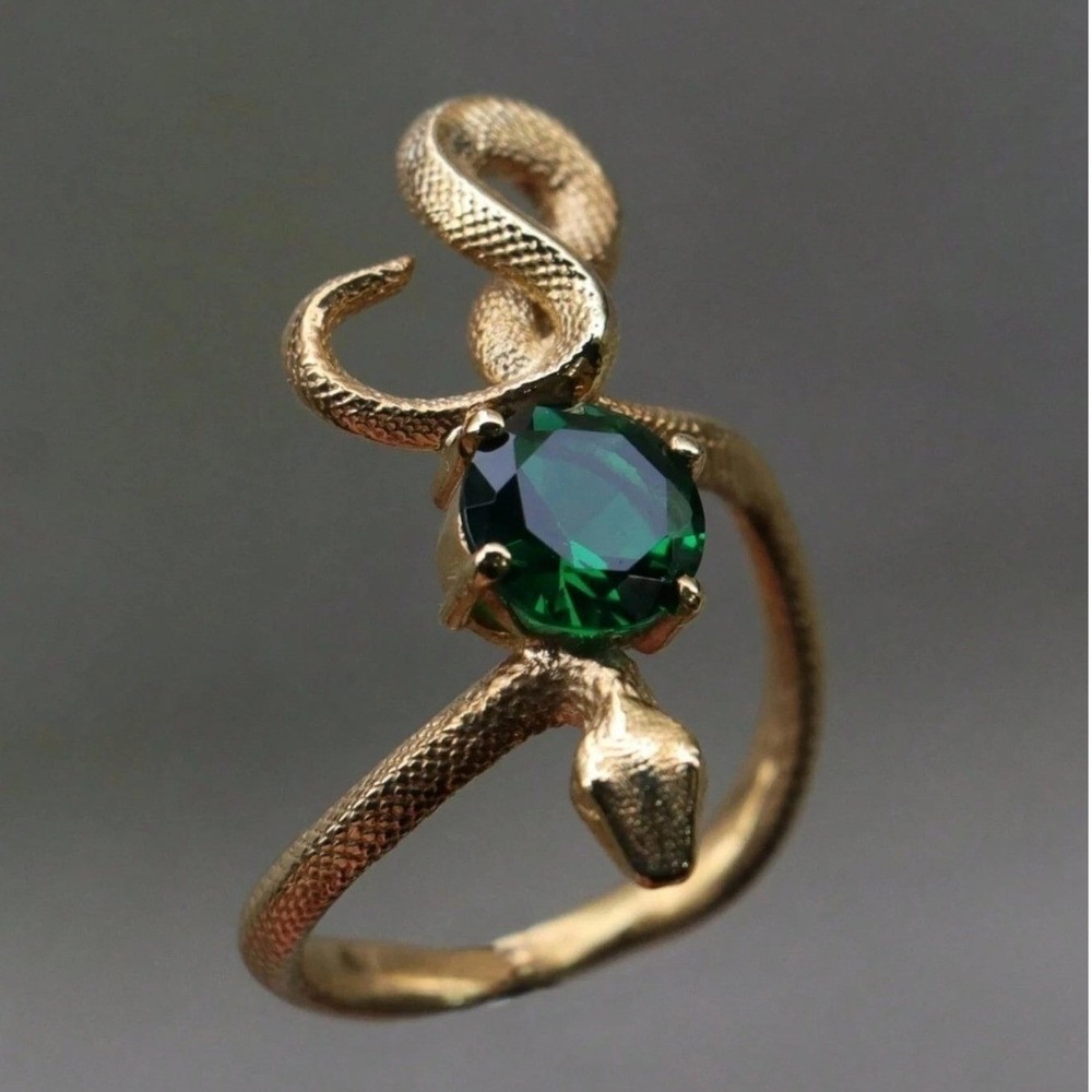 New 7 Snake Ring Gold Tone Emerald Green Stone Slytherin Dark Mark Wrap Winding